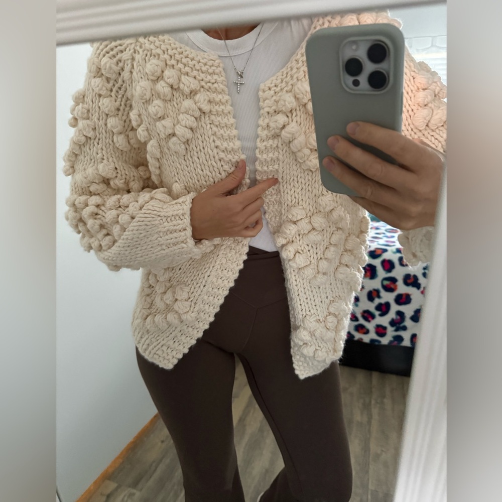 Chicwish Handmade Wool  Chunky Knit Sweater Cardigan Pom Pom